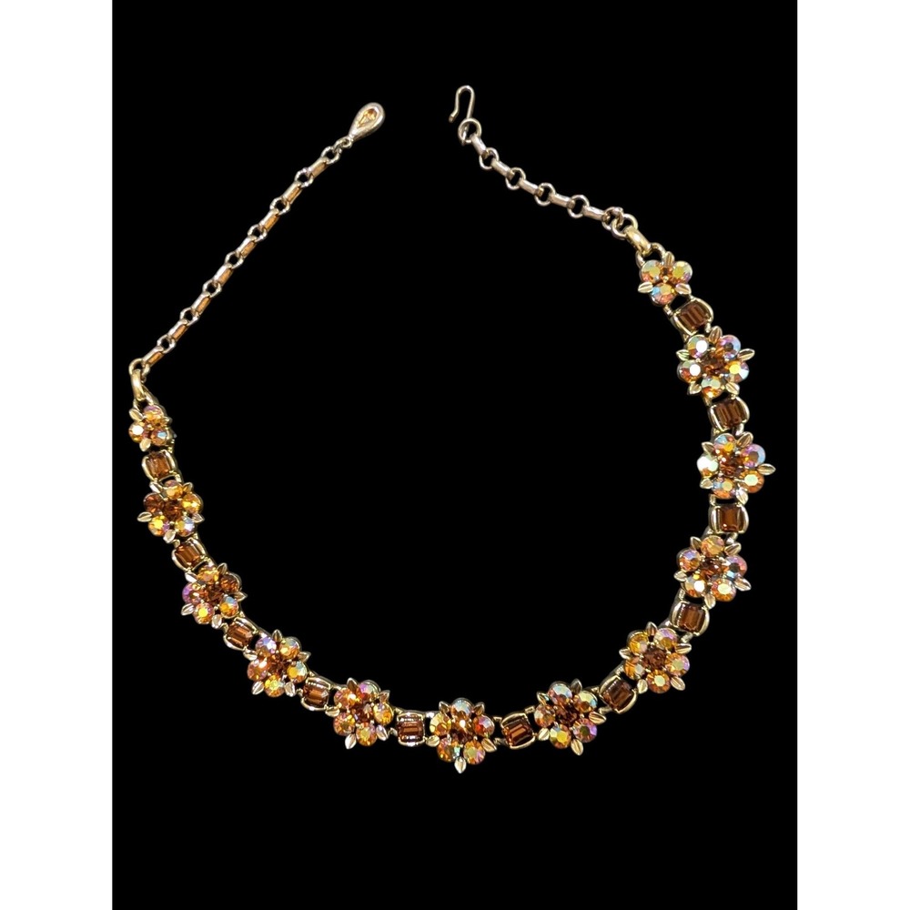 Vintage Lisner Amber Aurora Borealis Rhinestone Floral Choker Necklace Gold Tone